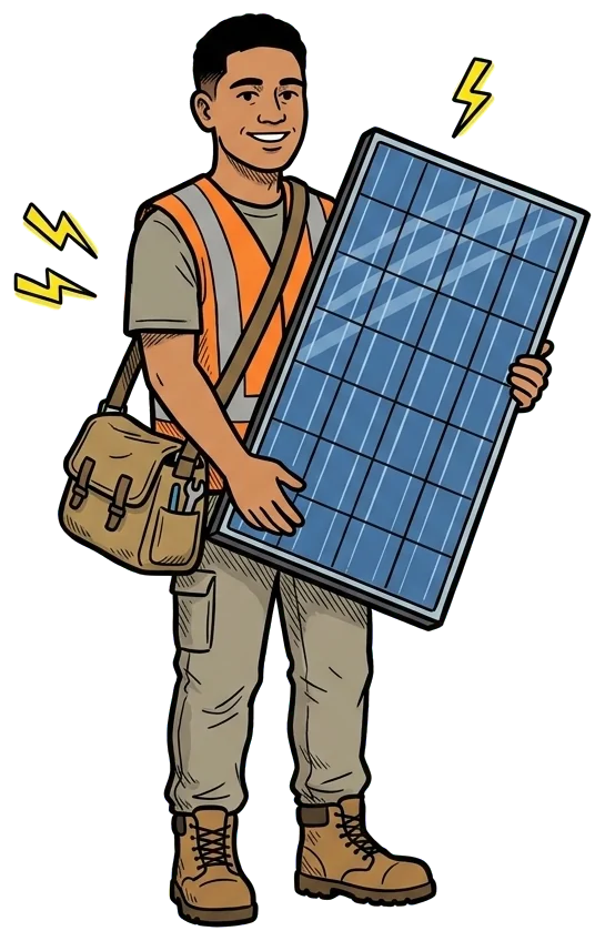 Hand-drawn illustration of a young Māori apprentice electrician in a hi-vis vest, a toolbag over one shoulder, carrying a solar panel and smiling.