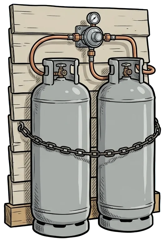 Hand-drawn illustration of two tall grey LPG gas bottles chained to a weatherboard wall, with a regulator and copper pipe.