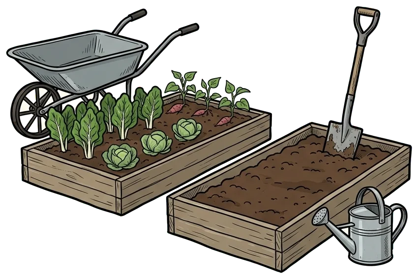 Hand-drawn illustration of a small vegetable garden: raised wooden beds of silverbeet, cabbages and kūmara, with a wheelbarrow, a spade and a watering can.
