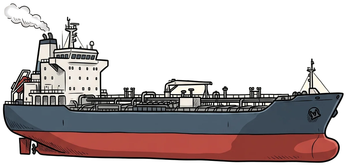 Hand-drawn illustration of a fuel tanker ship at sea.