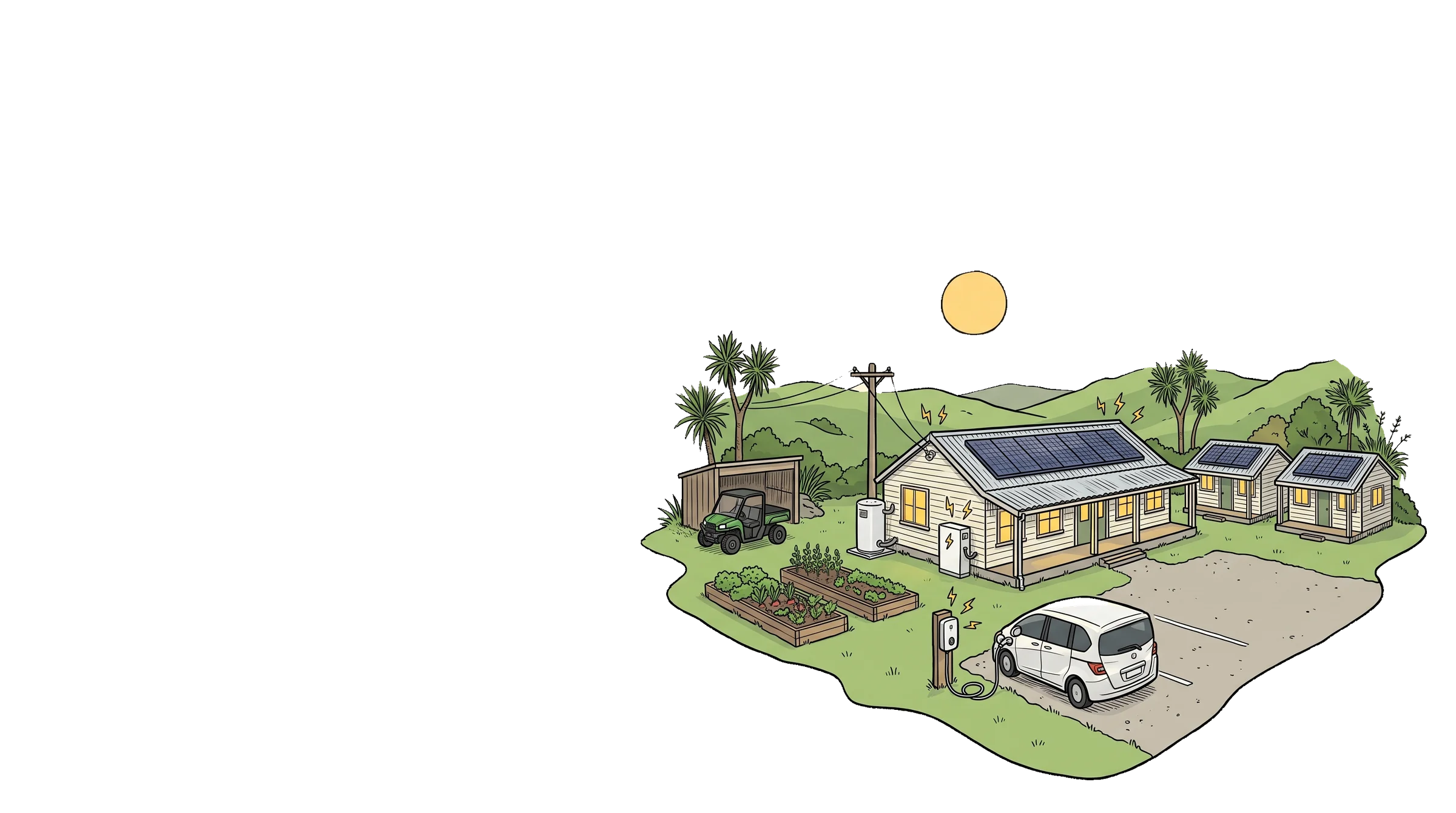 Hand-drawn illustration of a rural marae dining hall in plain weatherboard, its roof covered in solar panels, with a battery and hot water heat pump on the side wall. Around it sit kaumātua flats with solar, an electric van charging in the gravel carpark, a vegetable garden and an electric farm vehicle by the shed, with green hills behind.