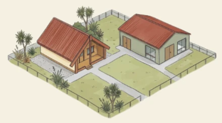 Illustration of a small rural marae: a wharenui and a wharekai inside a fenced section.