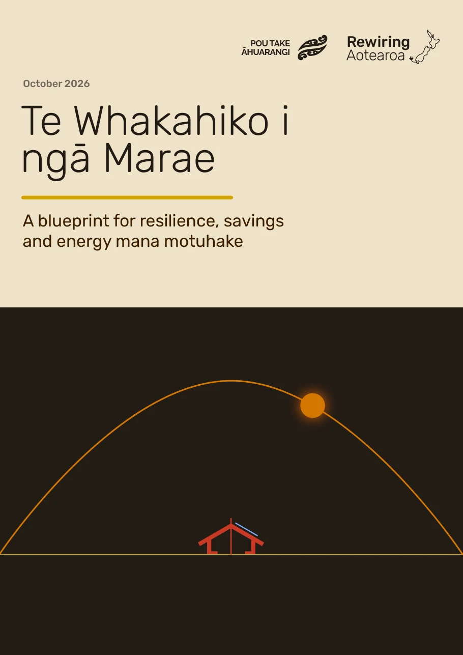 Cover of Te Whakahiko i ngā Marae: A blueprint for resilience, savings and energy mana motuhake, October 2026, from Pou Take Āhuarangi and Rewiring Aotearoa.